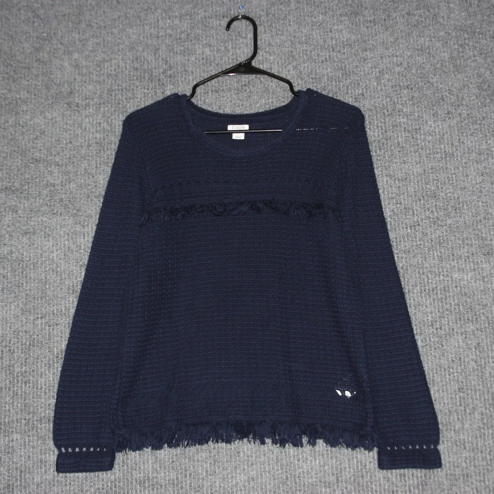J Crew Navy Blue Cotton Knit Fringe V Neck Sweater Womens Size S Pullover‎